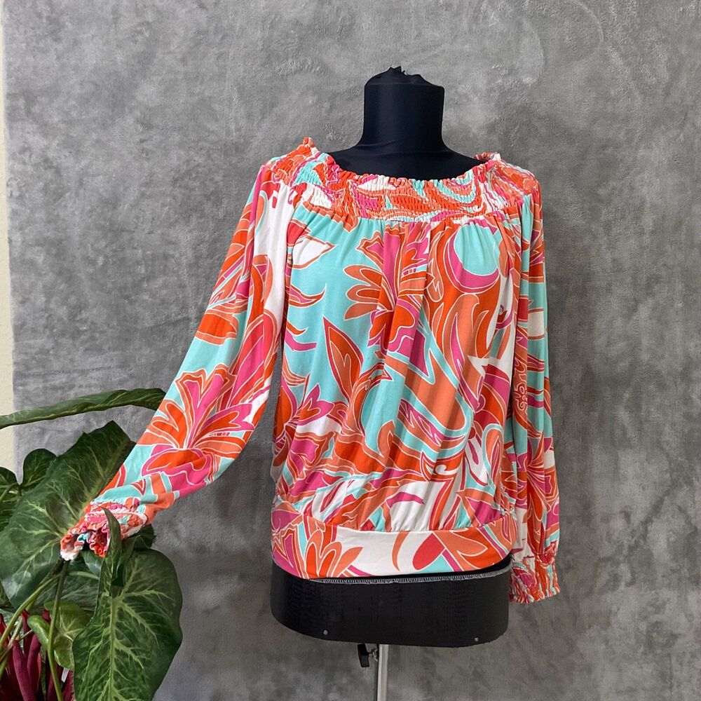 Boston Proper Abstract Floral Off The Shoulder Knit Top Groovy women Size Small